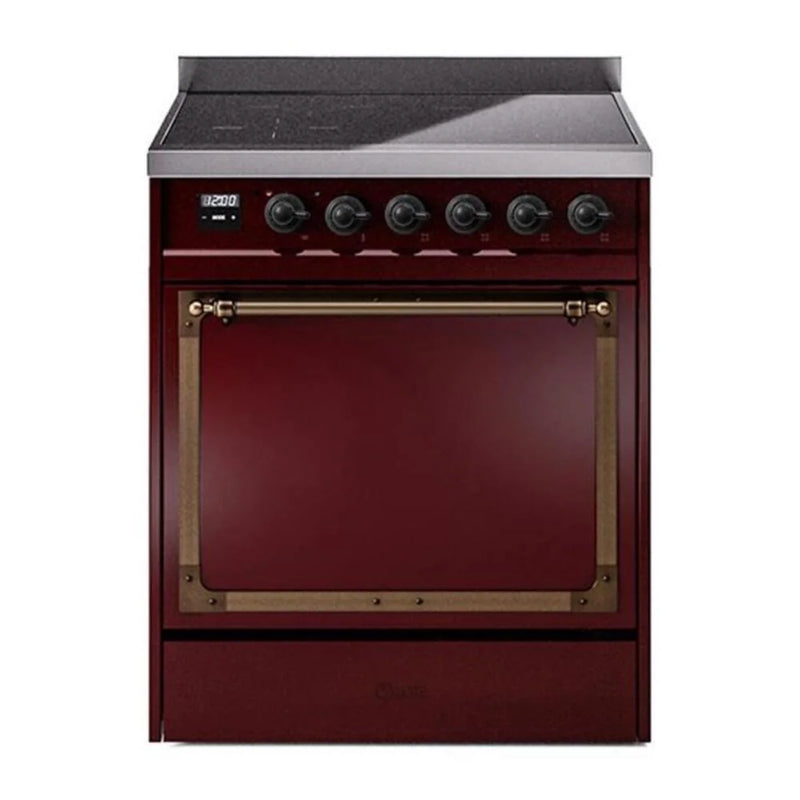 ILVE Nostalgie II Noblesse 30" Induction Freestanding Range in Burgundy with Burnished Trim, UNI304QNMPBUB
