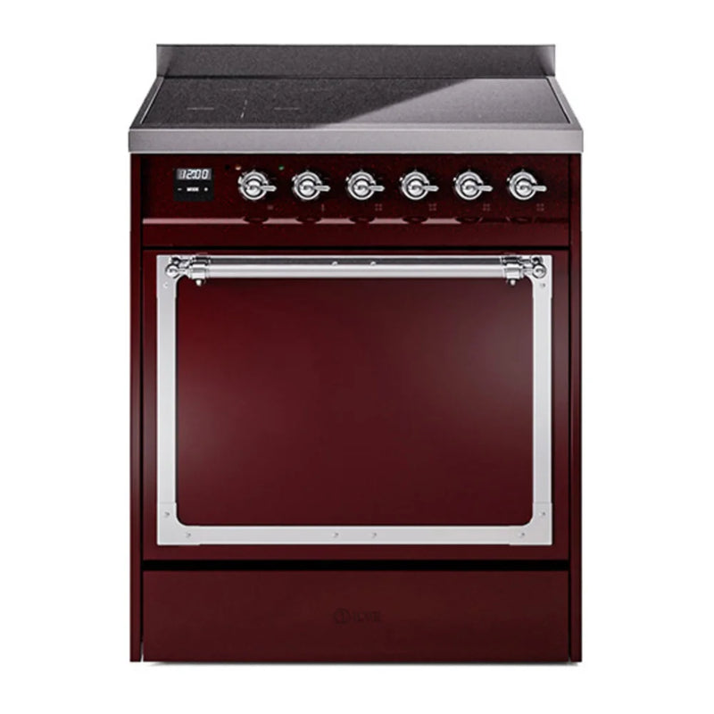 ILVE Nostalgie II Noblesse 30" Induction Freestanding Range in Burgundy with Chrome Trim, UNI304QNMPBUC