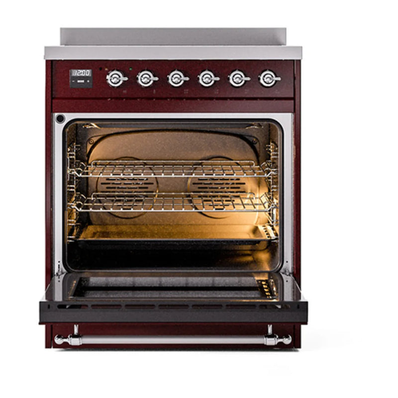 ILVE Nostalgie II Noblesse 30" Induction Freestanding Range in Burgundy with Chrome Trim, UNI304QNMPBUC