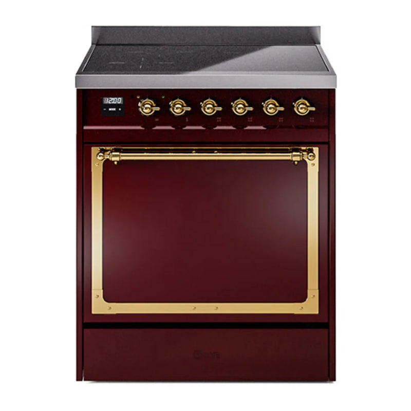 ILVE Nostalgie II Noblesse 30" Induction Freestanding Range in Burgundy with Brass Trim, UNI304QNMPBUG