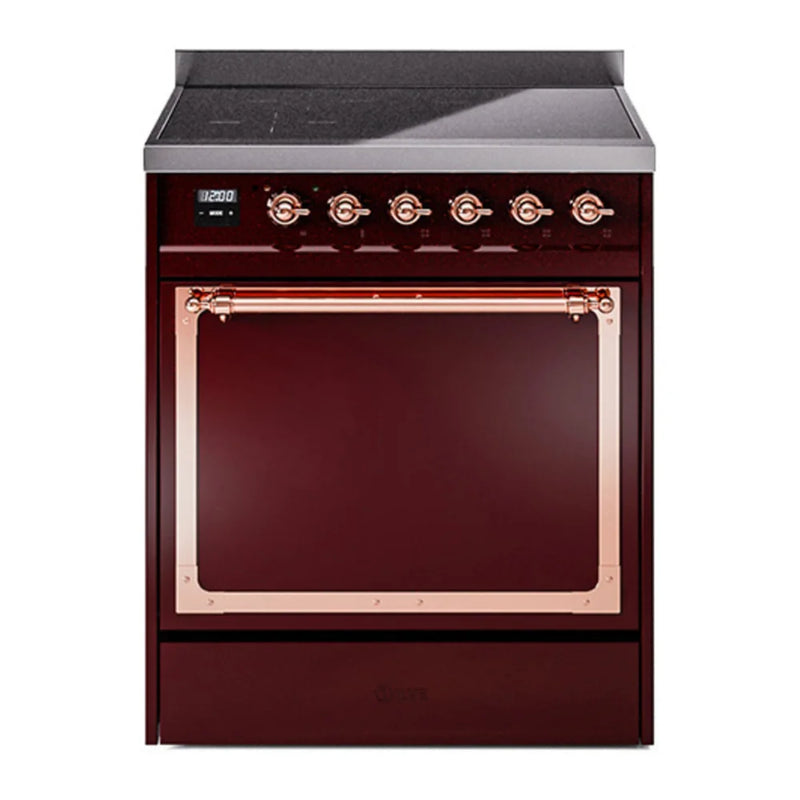 ILVE Nostalgie II Noblesse 30" Induction Freestanding Range in Burgundy with Copper Trim, UNI304QNMPBUP