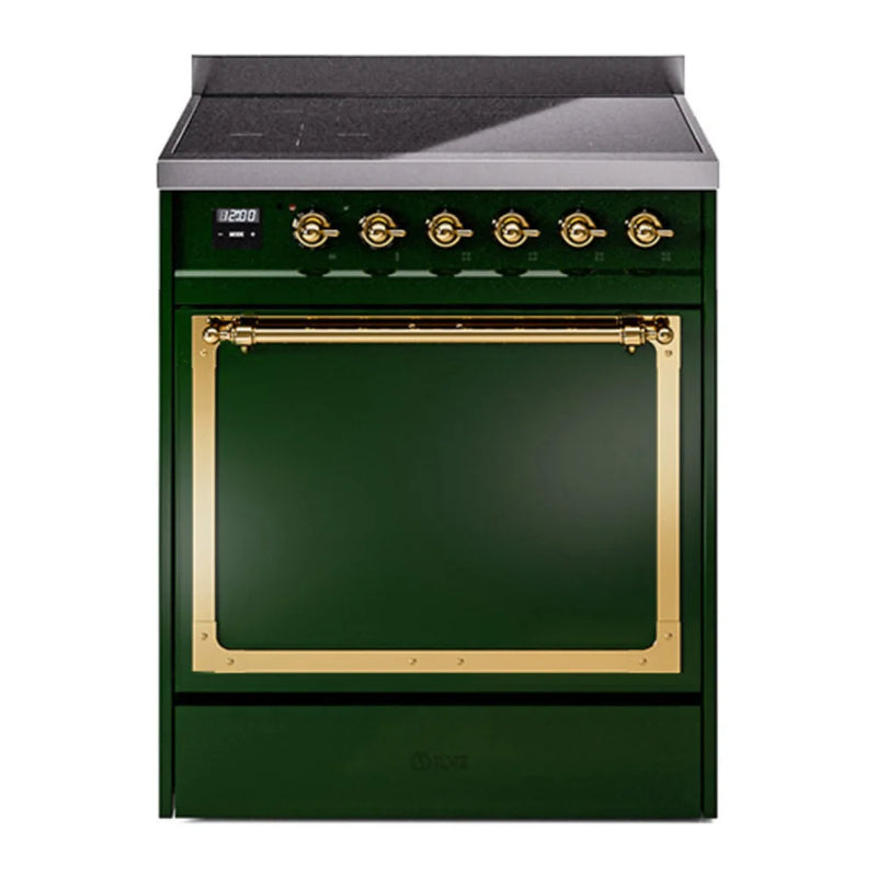 ILVE Nostalgie II Noblesse 30" Induction Freestanding Range in Emerald Green with Brass Trim, UNI304QNMPEGG