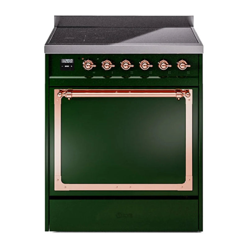 ILVE Nostalgie II Noblesse 30" Induction Freestanding Range in Emerald Green with Copper Trim, UNI304QNMPEGP