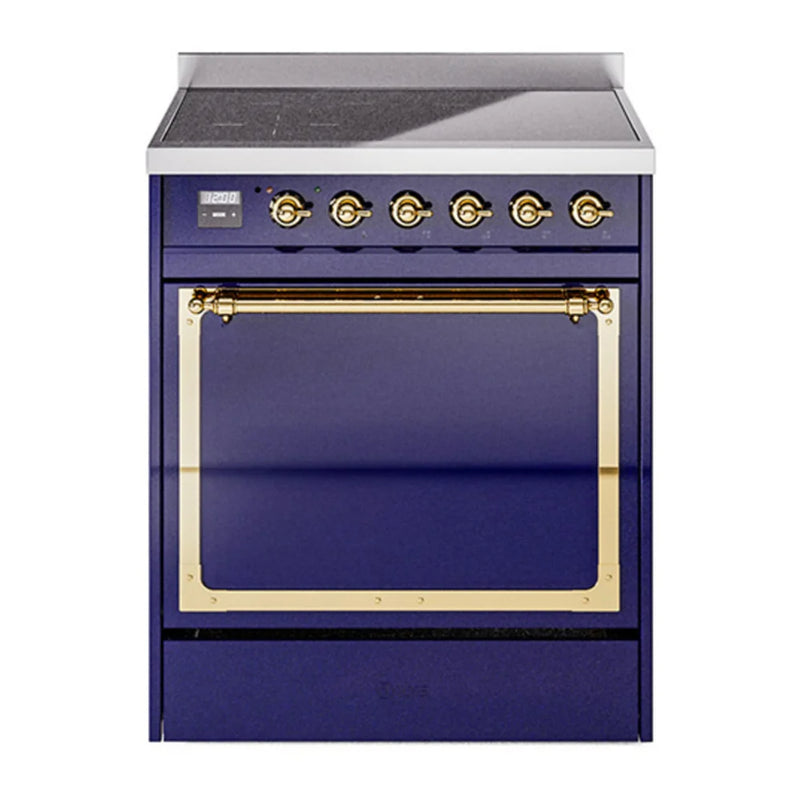 ILVE Nostalgie II Noblesse 30" Induction Freestanding Range in Midnight Blue with Brass Trim, UNI304QNMPMBG