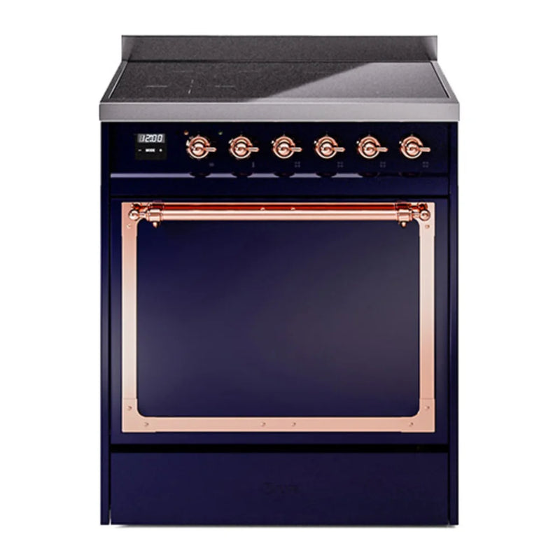 ILVE Nostalgie II Noblesse 30" Induction Freestanding Range in Midnight Blue with Copper Trim, UNI304QNMPMBP