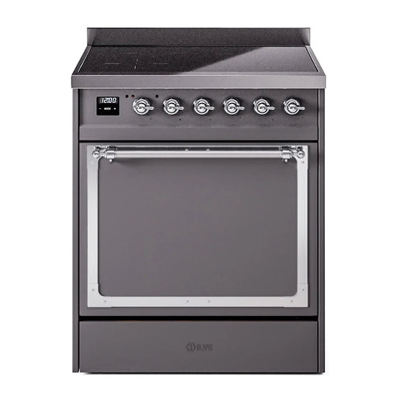 ILVE Nostalgie II Noblesse 30" Induction Freestanding Range in Graphite Matte with Chrome Trim, UNI304QNMPMGC