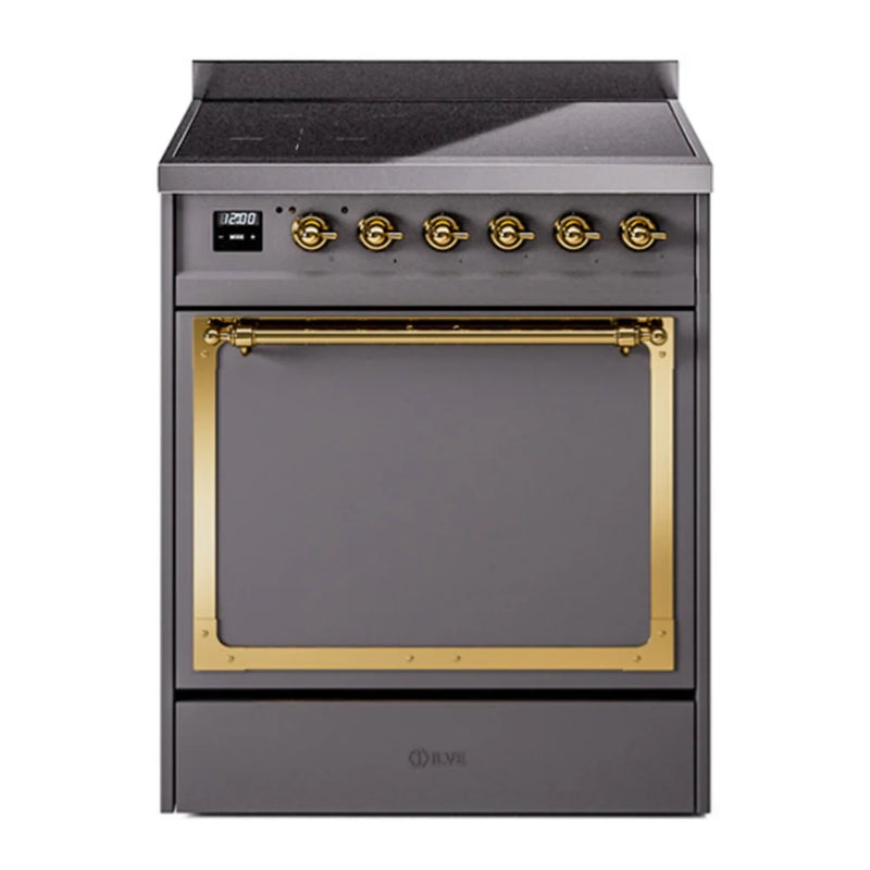 ILVE Nostalgie II Noblesse 30" Induction Freestanding Range in Graphite Matte with Brass Trim, UNI304QNMPMGG