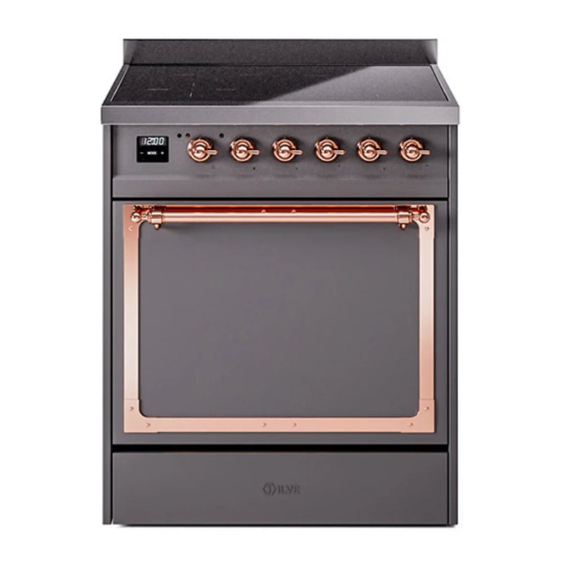 ILVE Nostalgie II Noblesse 30" Induction Freestanding Range in Graphite Matte with Copper Trim, UNI304QNMPMGP