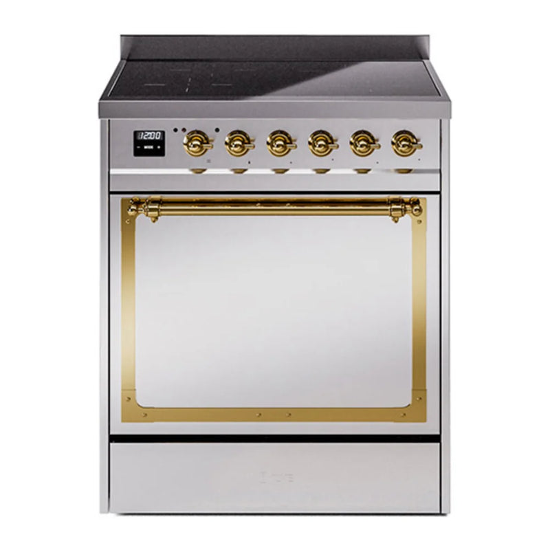ILVE Nostalgie II Noblesse 30" Induction Freestanding Range in Stainless Steel with Brass Trim, UNI304QNMPSSG