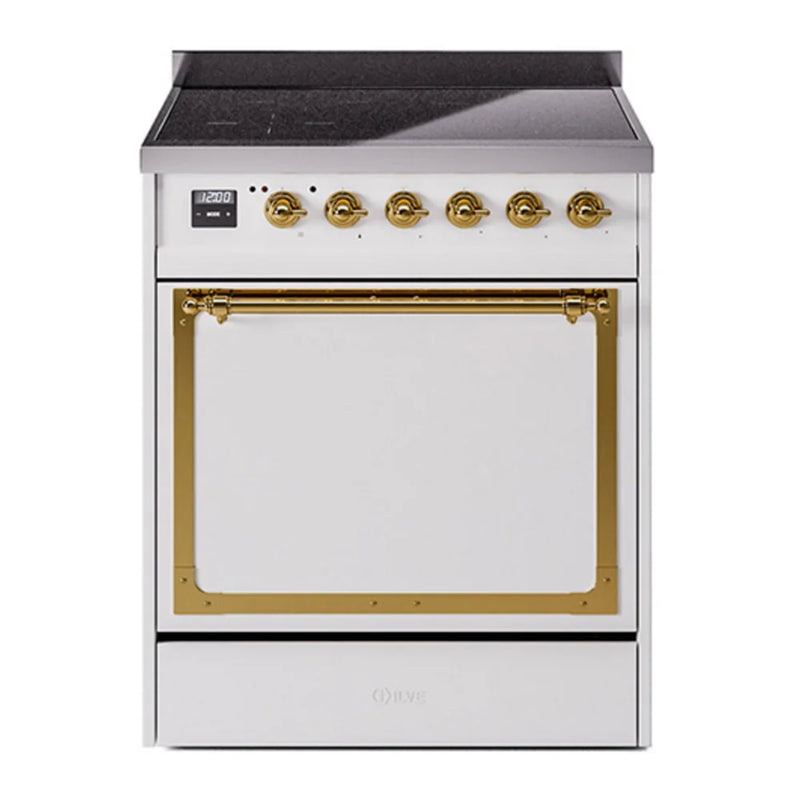 ILVE Nostalgie II Noblesse 30" Induction Freestanding Range in White with Brass Trim, UNI304QNMPWHG