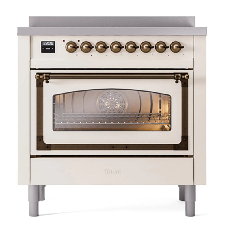 ILVE Nostalgie II Noblesse 36" Induction Freestanding Range in Antique White with Burnished Trim, UNI366NMPAWB