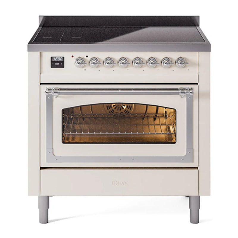 ILVE Nostalgie II Noblesse 36" Induction Freestanding Range in Antique White with Chrome Trim, UNI366NMPAWC