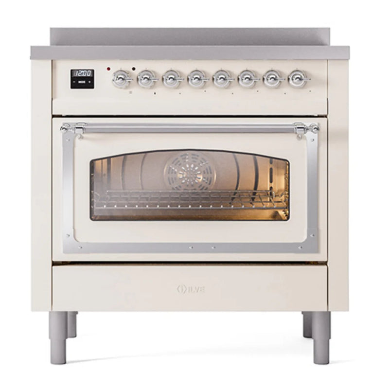 ILVE Nostalgie II Noblesse 36" Induction Freestanding Range in Antique White with Chrome Trim, UNI366NMPAWC