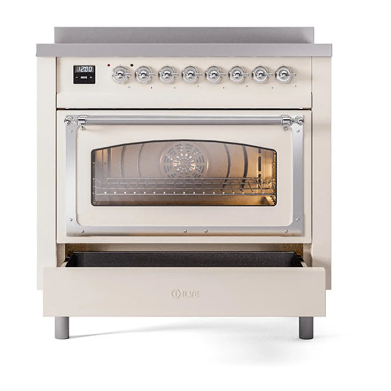 ILVE Nostalgie II Noblesse 36" Induction Freestanding Range in Antique White with Chrome Trim, UNI366NMPAWC
