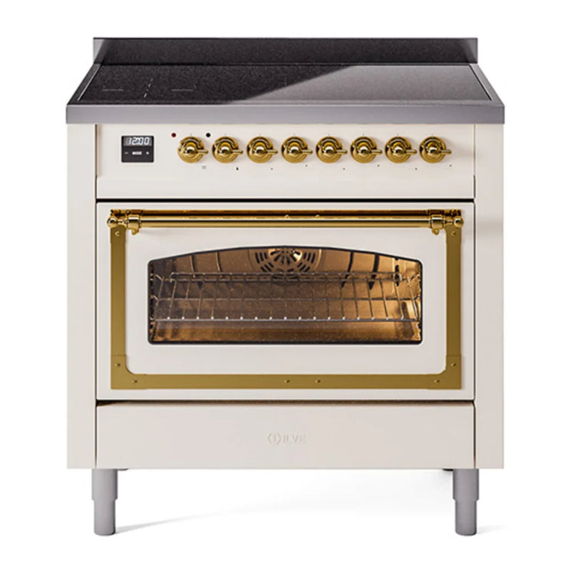 ILVE Nostalgie II Noblesse 36" Induction Freestanding Range in Antique White with Brass Trim, UNI366NMPAWG