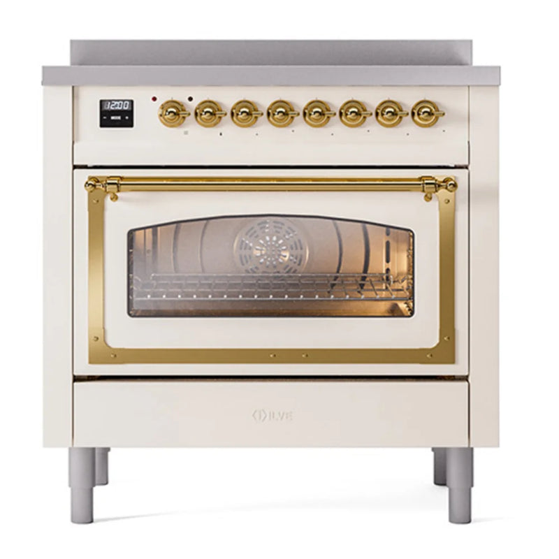 ILVE Nostalgie II Noblesse 36" Induction Freestanding Range in Antique White with Brass Trim, UNI366NMPAWG