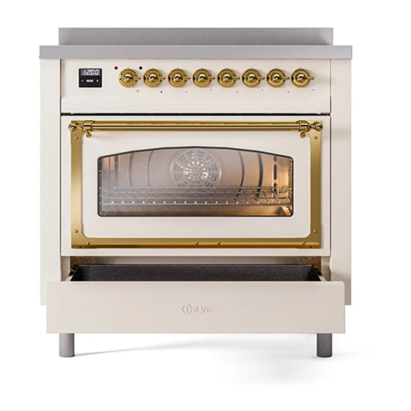 ILVE Nostalgie II Noblesse 36" Induction Freestanding Range in Antique White with Brass Trim, UNI366NMPAWG