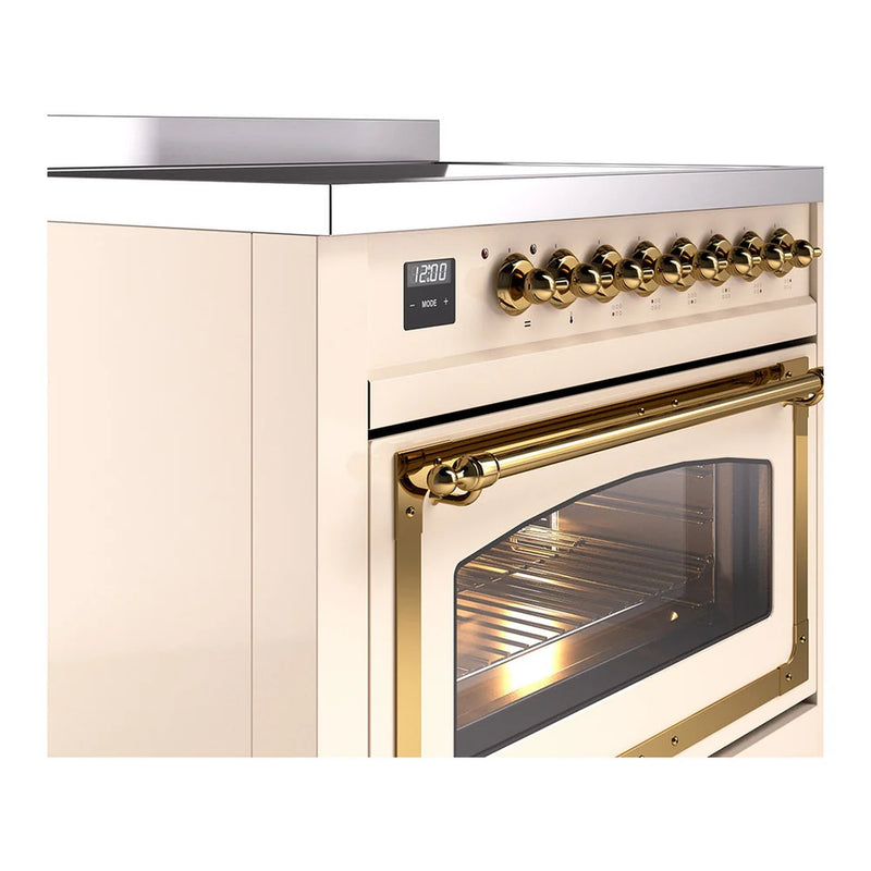 ILVE Nostalgie II Noblesse 36" Induction Freestanding Range in Antique White with Brass Trim, UNI366NMPAWG