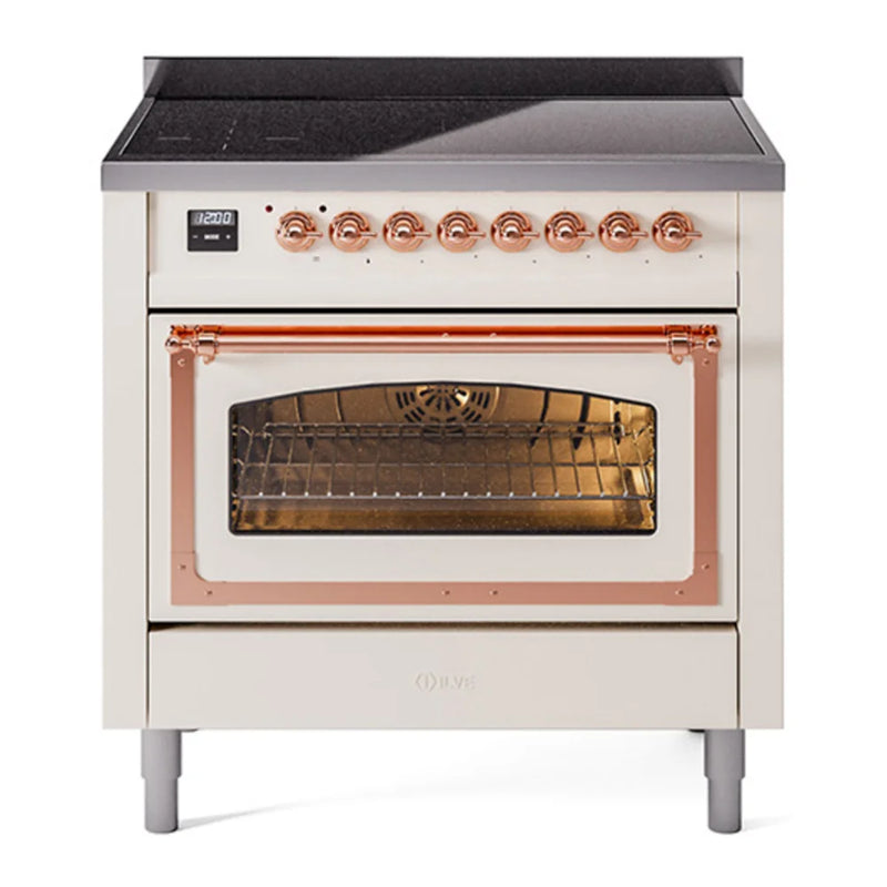 ILVE Nostalgie II Noblesse 36" Induction Freestanding Range in Antique White with Copper Trim, UNI366NMPAWP