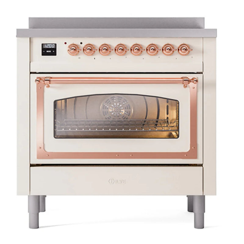 ILVE Nostalgie II Noblesse 36" Induction Freestanding Range in Antique White with Copper Trim, UNI366NMPAWP