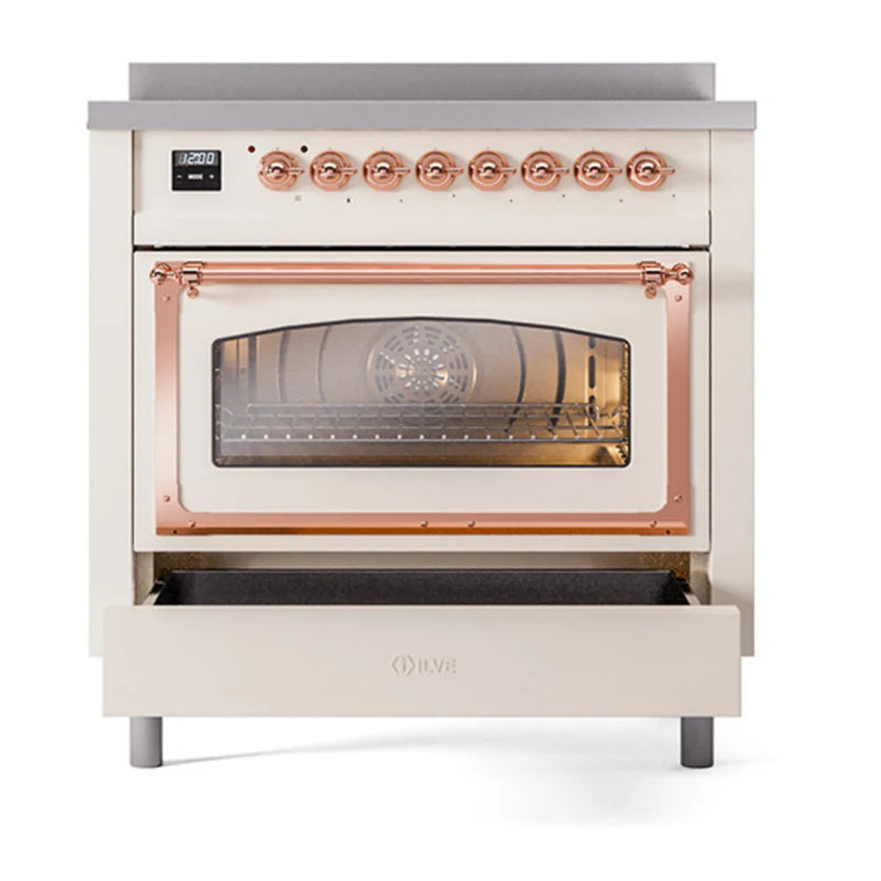 ILVE Nostalgie II Noblesse 36" Induction Freestanding Range in Antique White with Copper Trim, UNI366NMPAWP