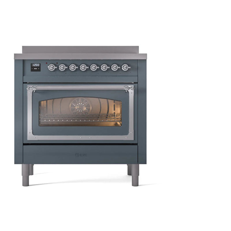 ILVE Nostalgie II Noblesse 36" Induction Freestanding Range in Blue Grey with Chrome Trim, UNI366NMPBGC