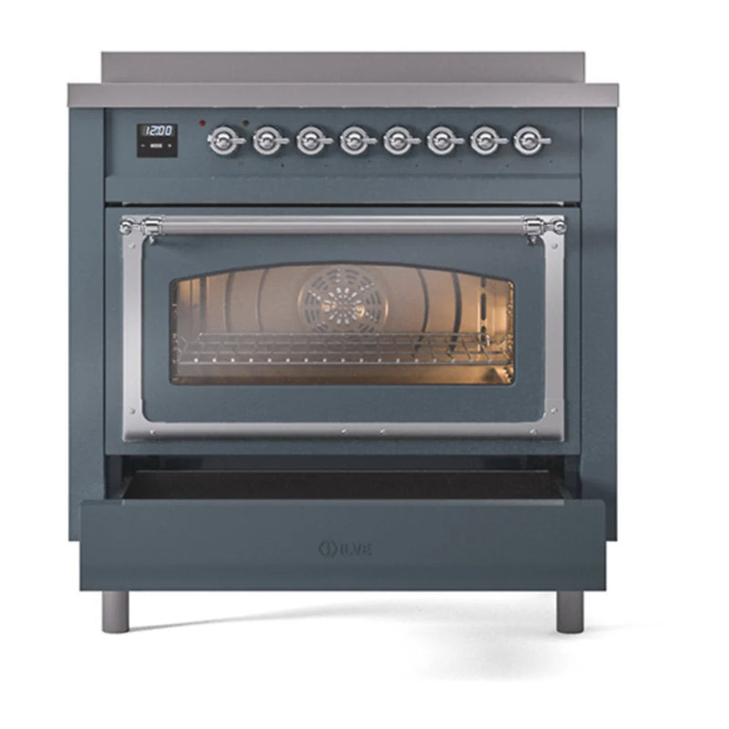 ILVE Nostalgie II Noblesse 36" Induction Freestanding Range in Blue Grey with Chrome Trim, UNI366NMPBGC