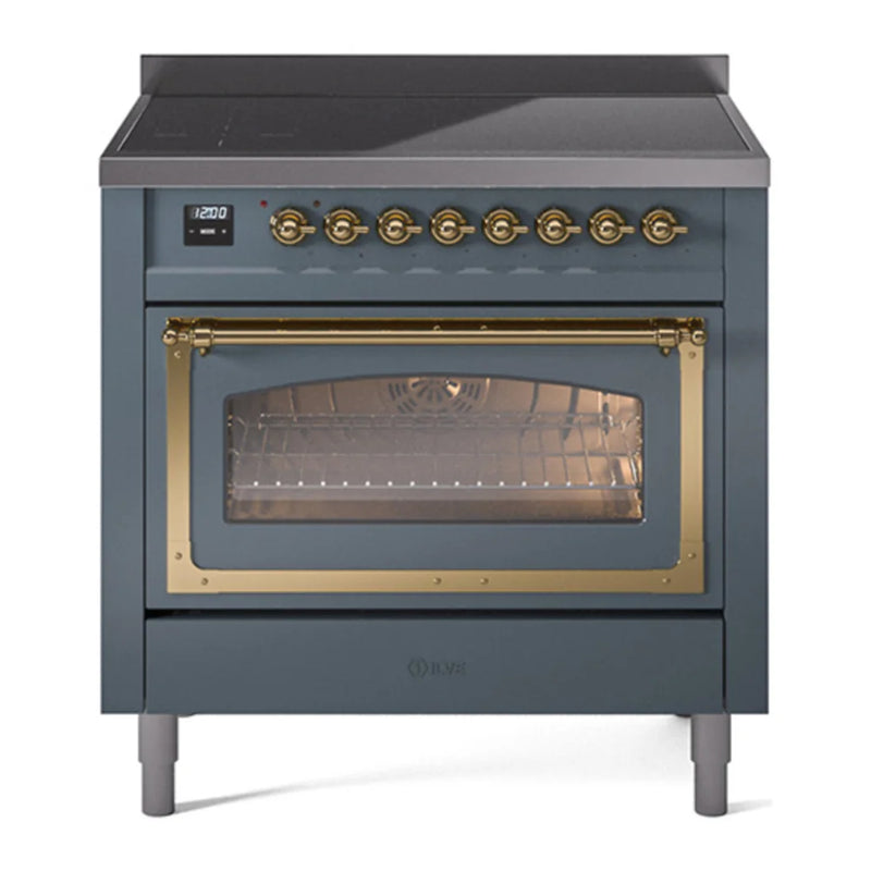 ILVE Nostalgie II Noblesse 36" Induction Freestanding Range in Blue Grey with Brass Trim, UNI366NMPBGG