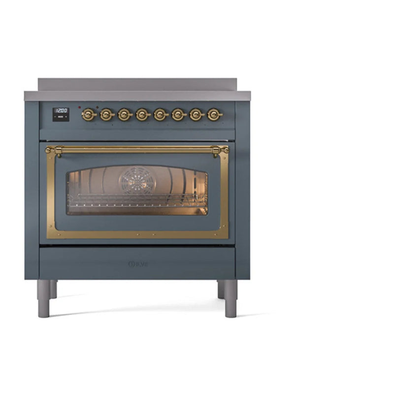 ILVE Nostalgie II Noblesse 36" Induction Freestanding Range in Blue Grey with Brass Trim, UNI366NMPBGG