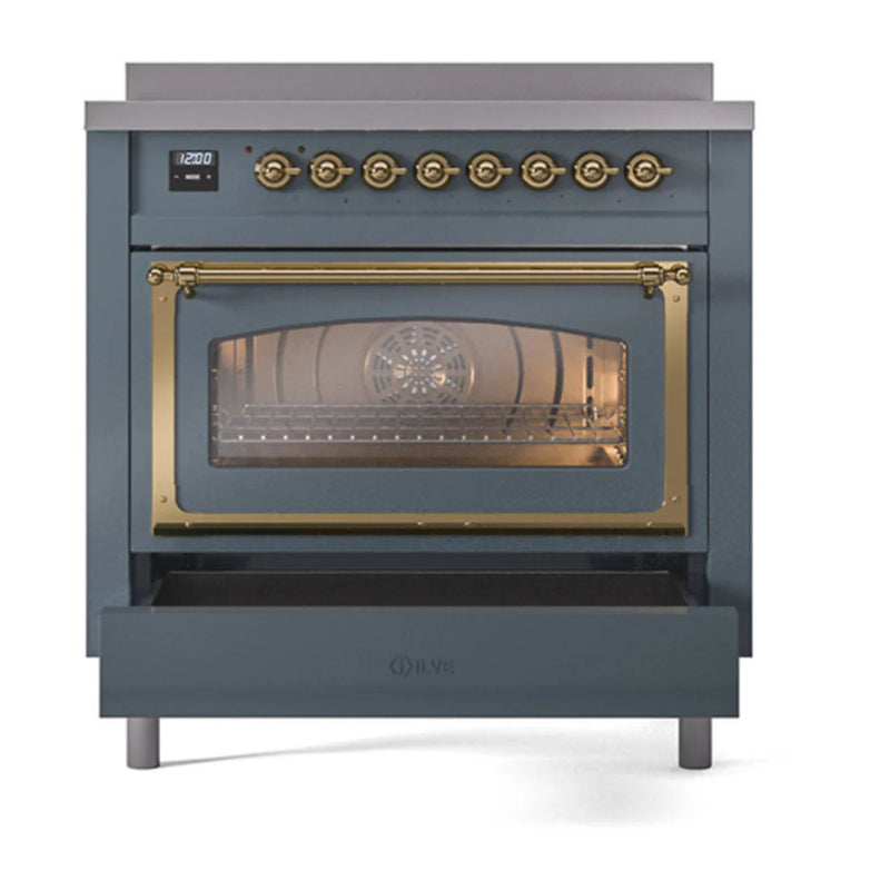 ILVE Nostalgie II Noblesse 36" Induction Freestanding Range in Blue Grey with Brass Trim, UNI366NMPBGG