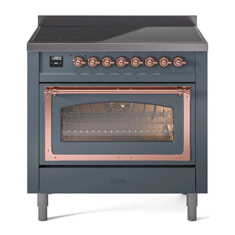 ILVE Nostalgie II Noblesse 36" Induction Freestanding Range in Blue Grey with Copper Trim, UNI366NMPBGP