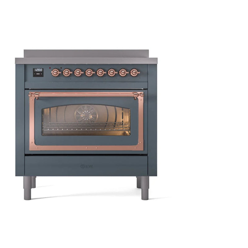 ILVE Nostalgie II Noblesse 36" Induction Freestanding Range in Blue Grey with Copper Trim, UNI366NMPBGP