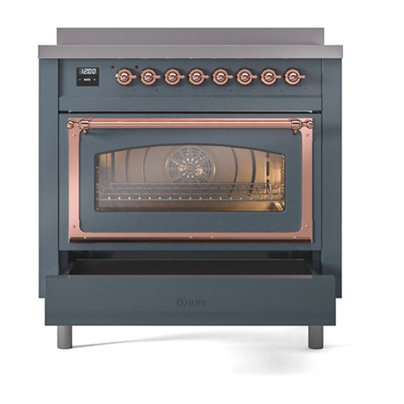 ILVE Nostalgie II Noblesse 36" Induction Freestanding Range in Blue Grey with Copper Trim, UNI366NMPBGP