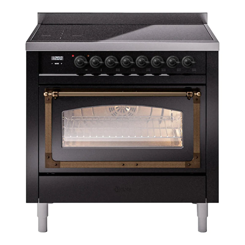 ILVE Nostalgie II Noblesse 36" Induction Freestanding Range in Glossy Black with Burnished Trim, UNI366NMPBKB