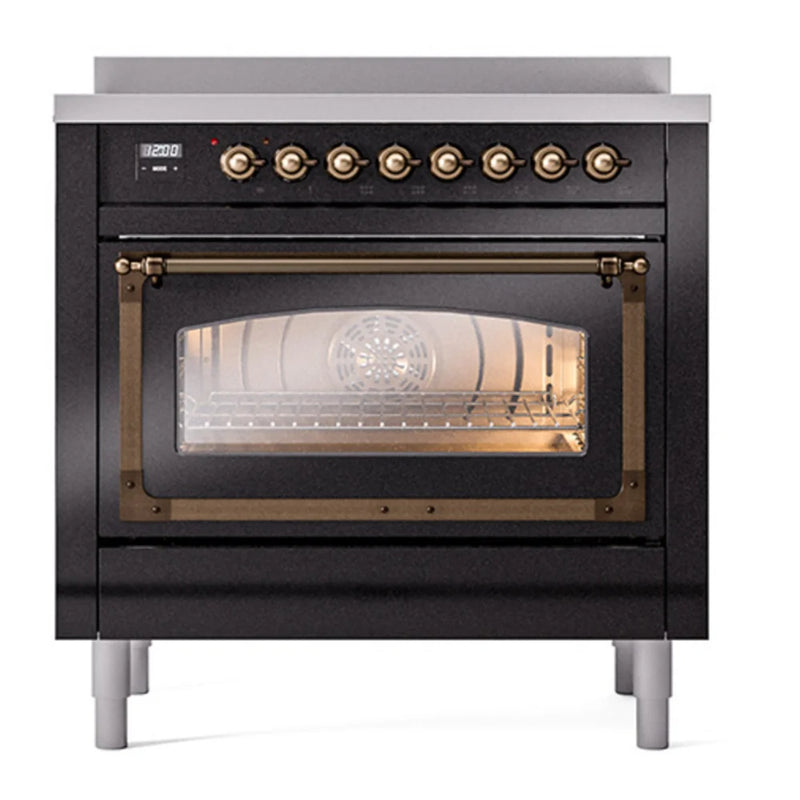 ILVE Nostalgie II Noblesse 36" Induction Freestanding Range in Glossy Black with Burnished Trim, UNI366NMPBKB
