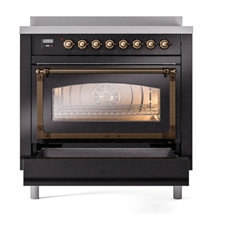 ILVE Nostalgie II Noblesse 36" Induction Freestanding Range in Glossy Black with Burnished Trim, UNI366NMPBKB