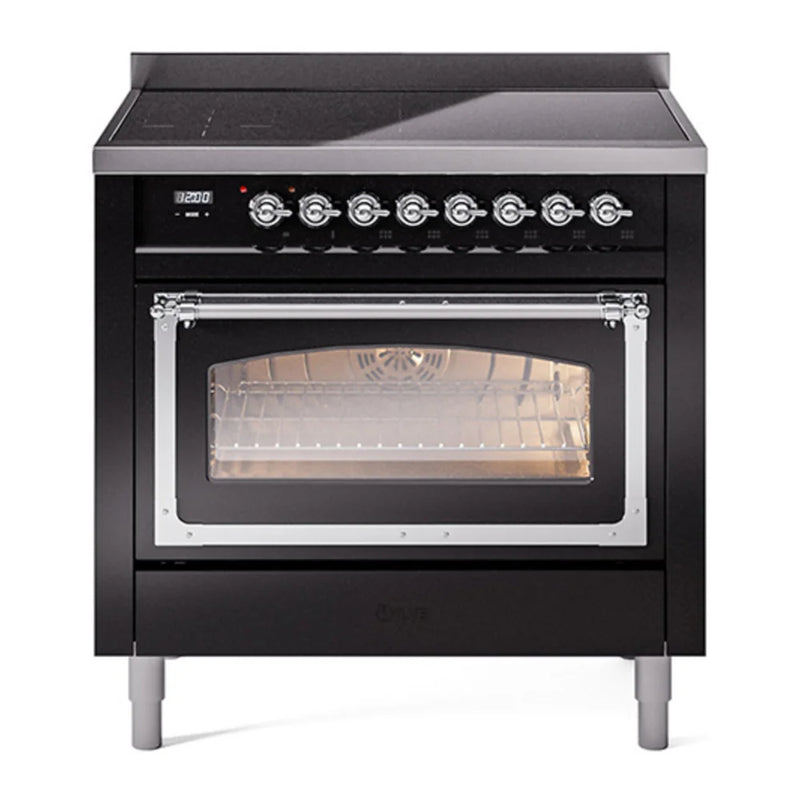 ILVE Nostalgie II Noblesse 36" Induction Freestanding Range in Glossy Black with Chrome Trim, UNI366NMPBKC