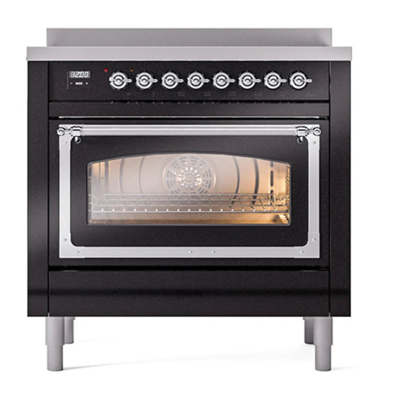 ILVE Nostalgie II Noblesse 36" Induction Freestanding Range in Glossy Black with Chrome Trim, UNI366NMPBKC