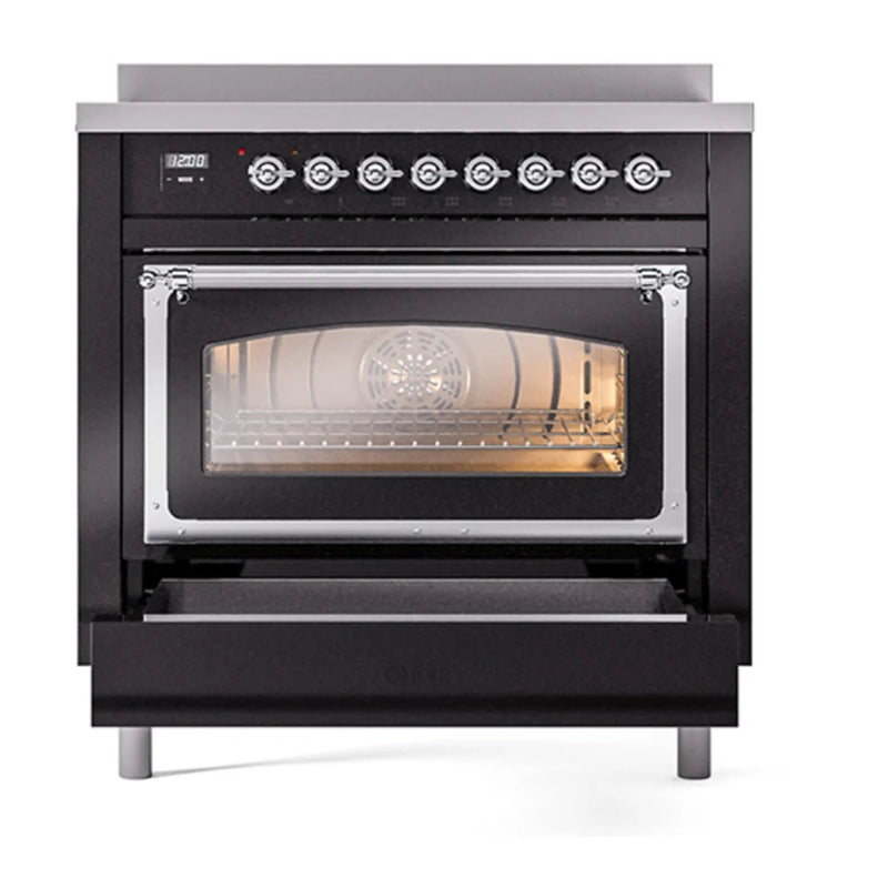 ILVE Nostalgie II Noblesse 36" Induction Freestanding Range in Glossy Black with Chrome Trim, UNI366NMPBKC