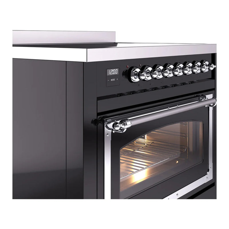 ILVE Nostalgie II Noblesse 36" Induction Freestanding Range in Glossy Black with Chrome Trim, UNI366NMPBKC