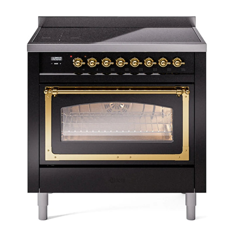 ILVE Nostalgie II Noblesse 36" Electric Freestanding Range in Glossy Black with Brass Trim, UNI366NMPBKG