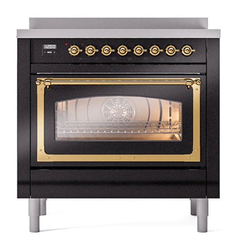 ILVE Nostalgie II Noblesse 36" Electric Freestanding Range in Glossy Black with Brass Trim, UNI366NMPBKG