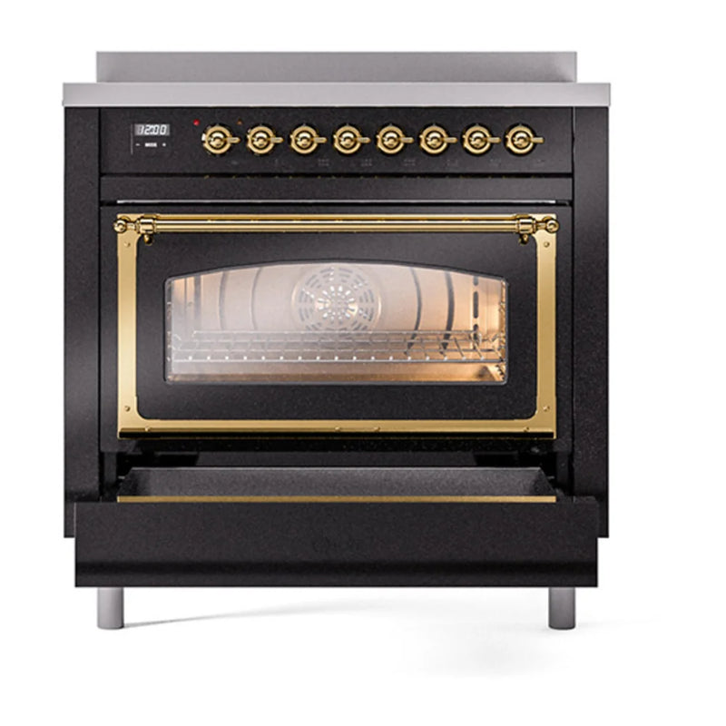 ILVE Nostalgie II Noblesse 36" Electric Freestanding Range in Glossy Black with Brass Trim, UNI366NMPBKG
