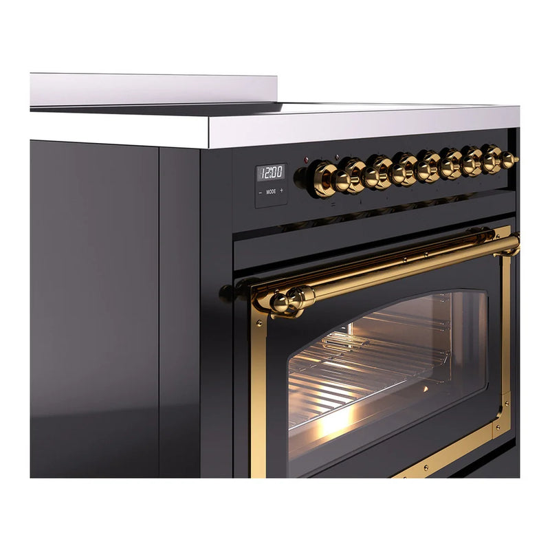 ILVE Nostalgie II Noblesse 36" Electric Freestanding Range in Glossy Black with Brass Trim, UNI366NMPBKG