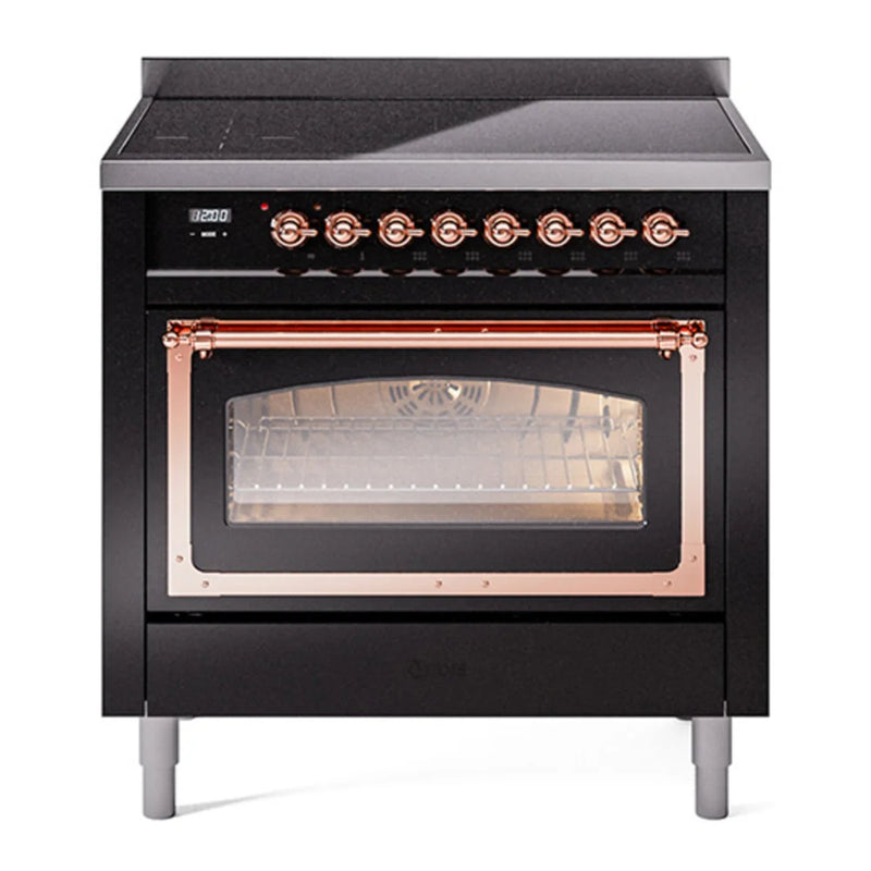 ILVE Nostalgie II Noblesse 36" Induction Freestanding Range in Glossy Black with Copper Trim, UNI366NMPBKP