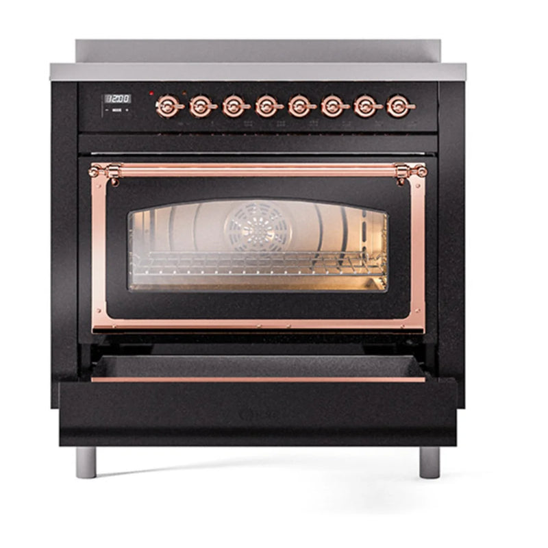 ILVE Nostalgie II Noblesse 36" Induction Freestanding Range in Glossy Black with Copper Trim, UNI366NMPBKP