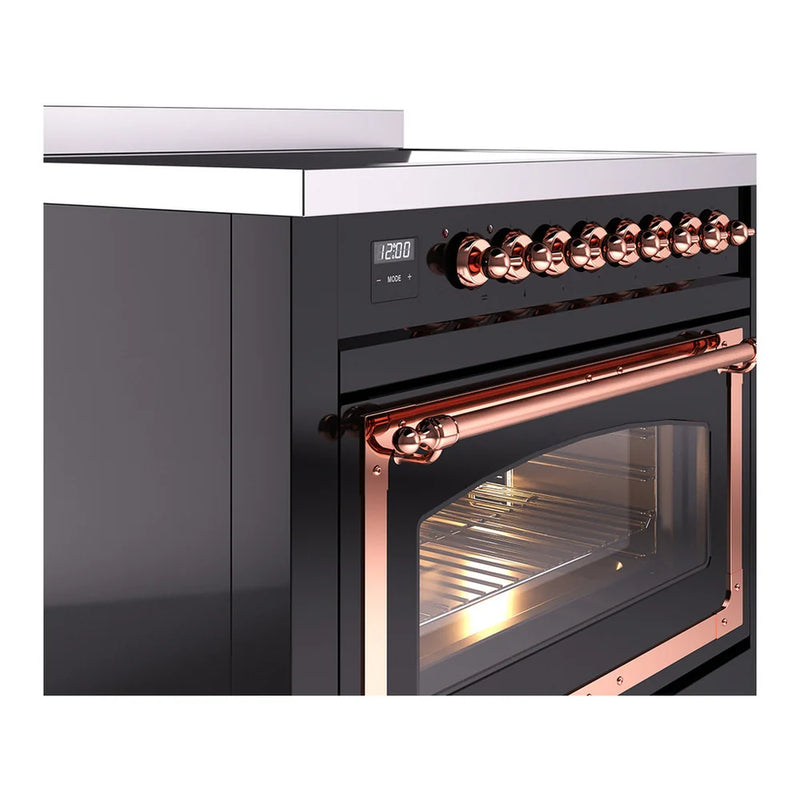 ILVE Nostalgie II Noblesse 36" Induction Freestanding Range in Glossy Black with Copper Trim, UNI366NMPBKP