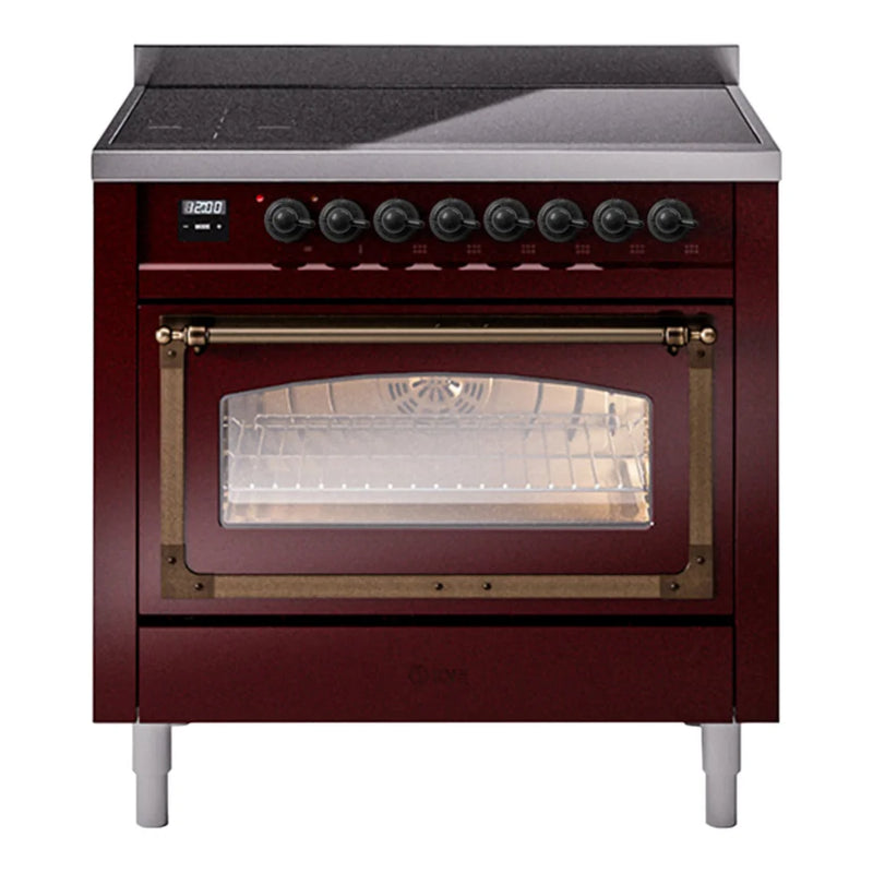 ILVE Nostalgie II Noblesse 36" Induction Freestanding Range in Burgundy with Burnished Trim, UNI366NMPBUB