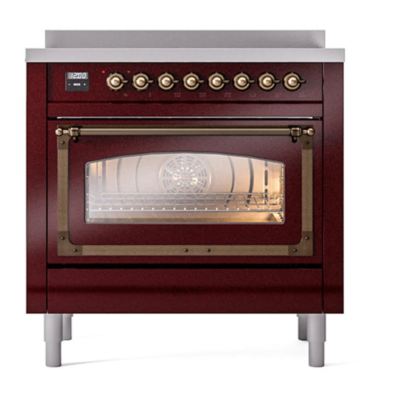 ILVE Nostalgie II Noblesse 36" Induction Freestanding Range in Burgundy with Burnished Trim, UNI366NMPBUB