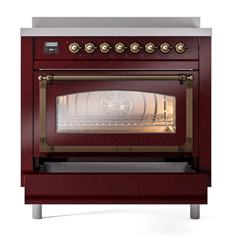 ILVE Nostalgie II Noblesse 36" Induction Freestanding Range in Burgundy with Burnished Trim, UNI366NMPBUB